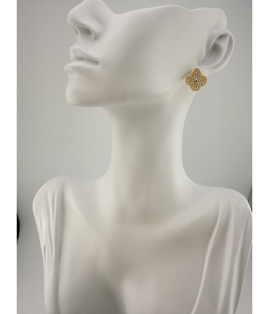 Σκουλαρίκια Τετράφυλλο με Στρας – Ασήμι & Χρυσό