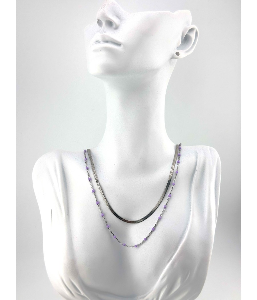 Διπλό Κολιέ Ατσάλι με Αλυσίδα και Χάντρες – Ασημί, Πράσινο, Ροζ