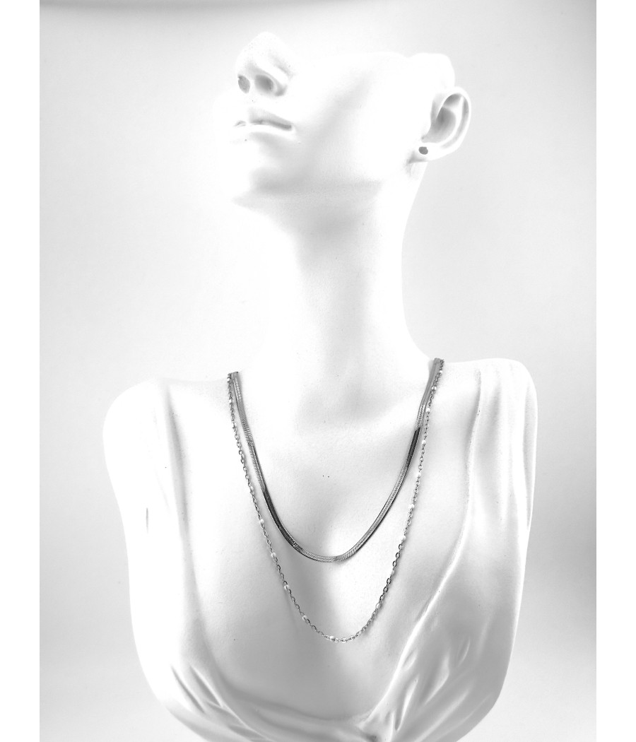 Διπλό Κολιέ Ατσάλι με Αλυσίδα και Χάντρες – Ασημί, Πράσινο, Ροζ