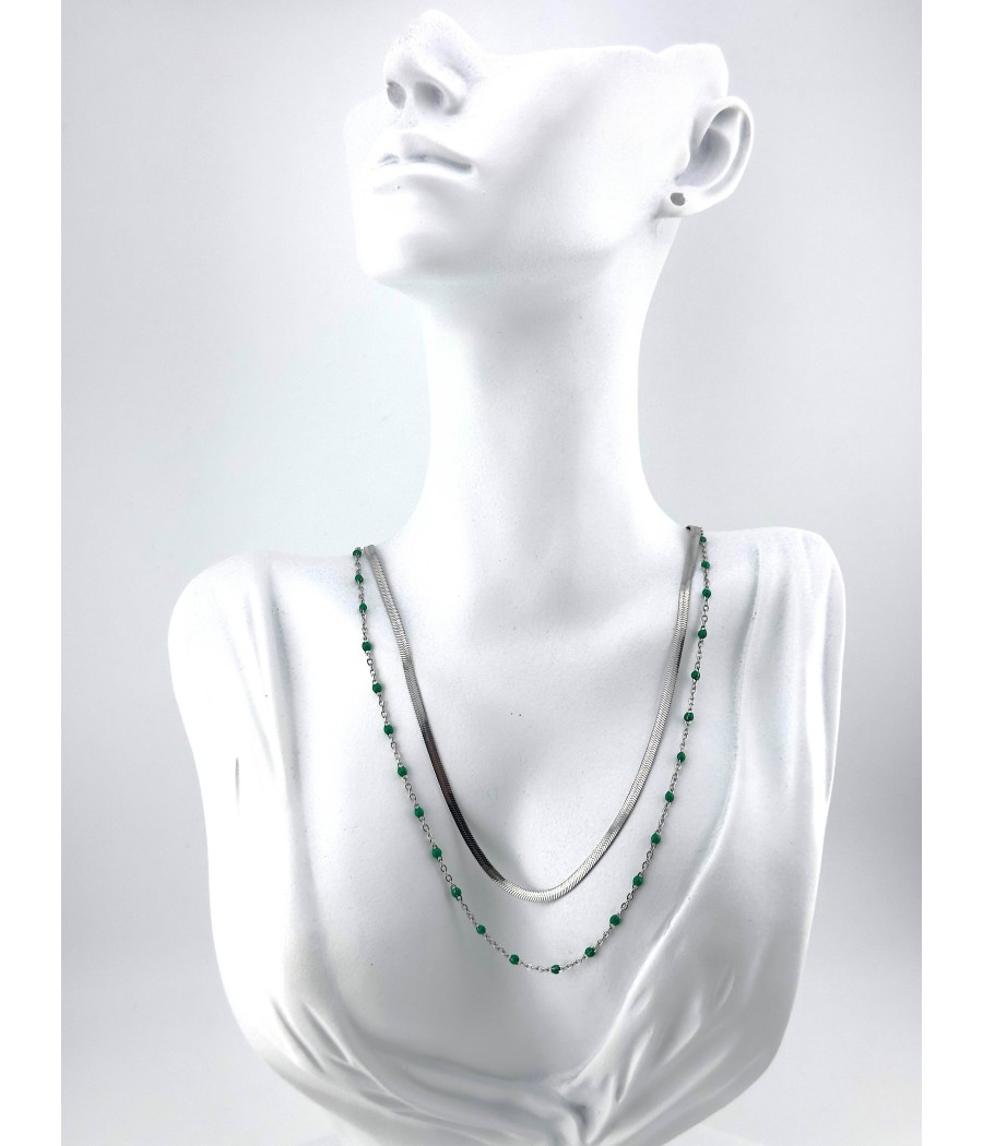 Διπλό Κολιέ Ατσάλι με Αλυσίδα και Χάντρες – Ασημί, Πράσινο, Ροζ