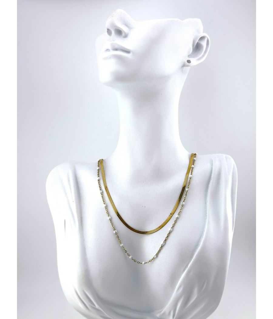 Κολιέ Διπλή Αλυσίδα Χρυσό με Μαύρες ή Λευκές Χάντρες