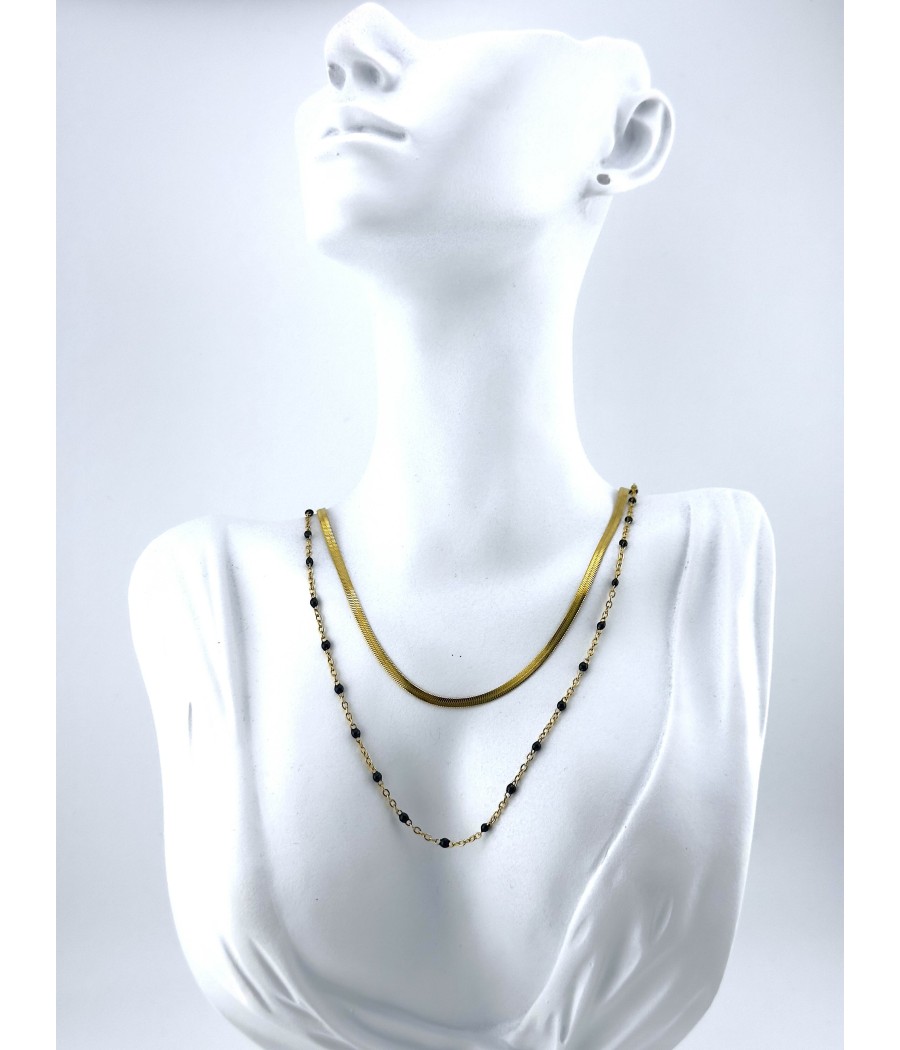 Κολιέ Διπλή Αλυσίδα Χρυσό με Μαύρες ή Λευκές Χάντρες