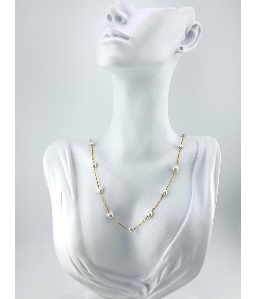 Κολιέ Καρδούλες με Μαργαριτάρια – Ατσάλι Ασημί & Χρυσό