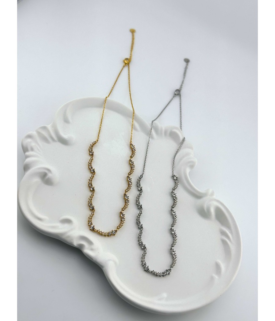 Κολιέ με Ζιργκόν Κυματιστό Σχέδιο σε Ασημί & Χρυσό