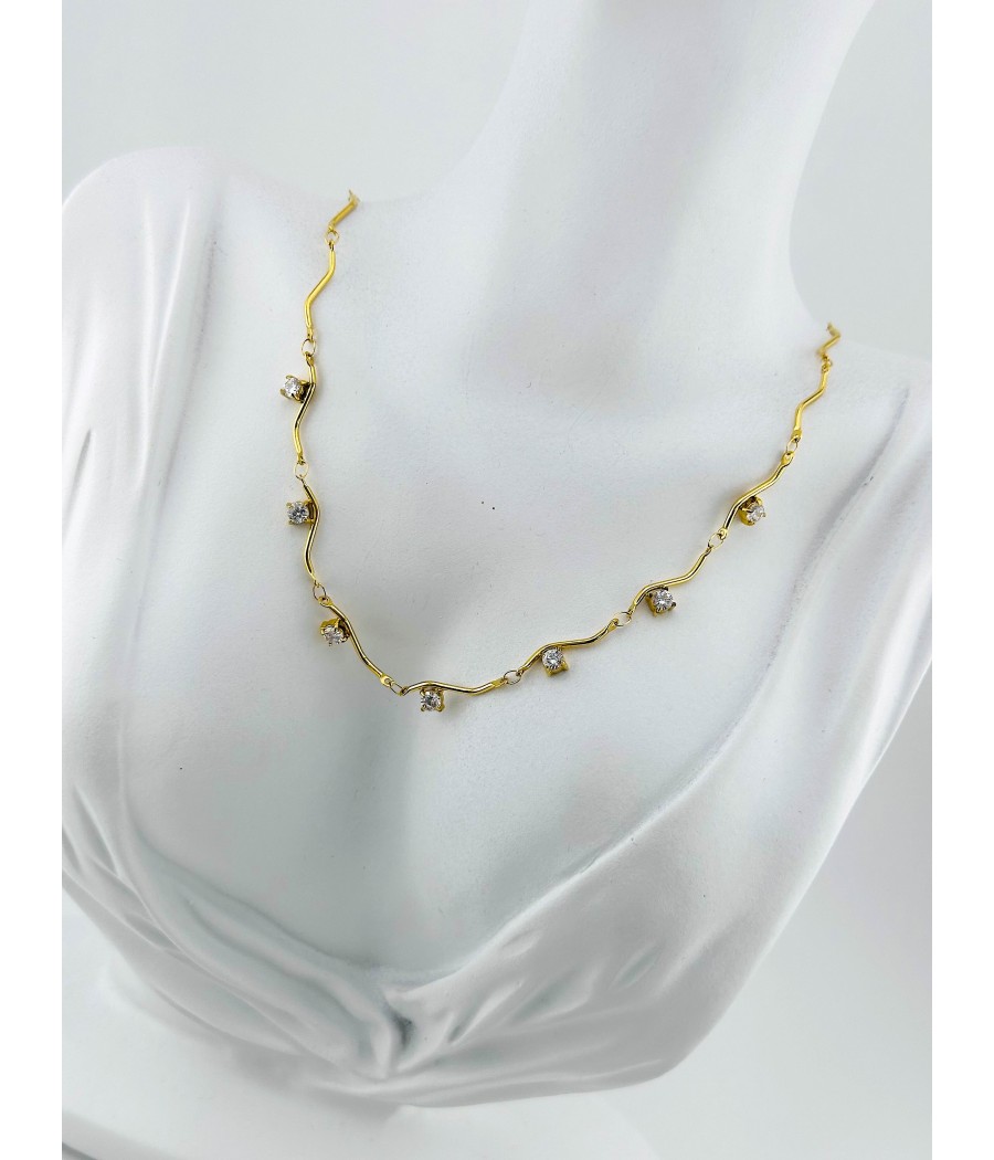 Κολιέ με Κυματιστή Αλυσίδα και Ζιρκόν – Σε Ασήμι και Χρυσό