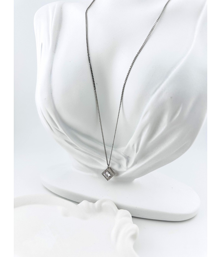 Κολιέ Ρομβος με Ζιρκόν – Μακρύ Ατσάλινο Κρεμαστό Χρυσό Και Ασημί