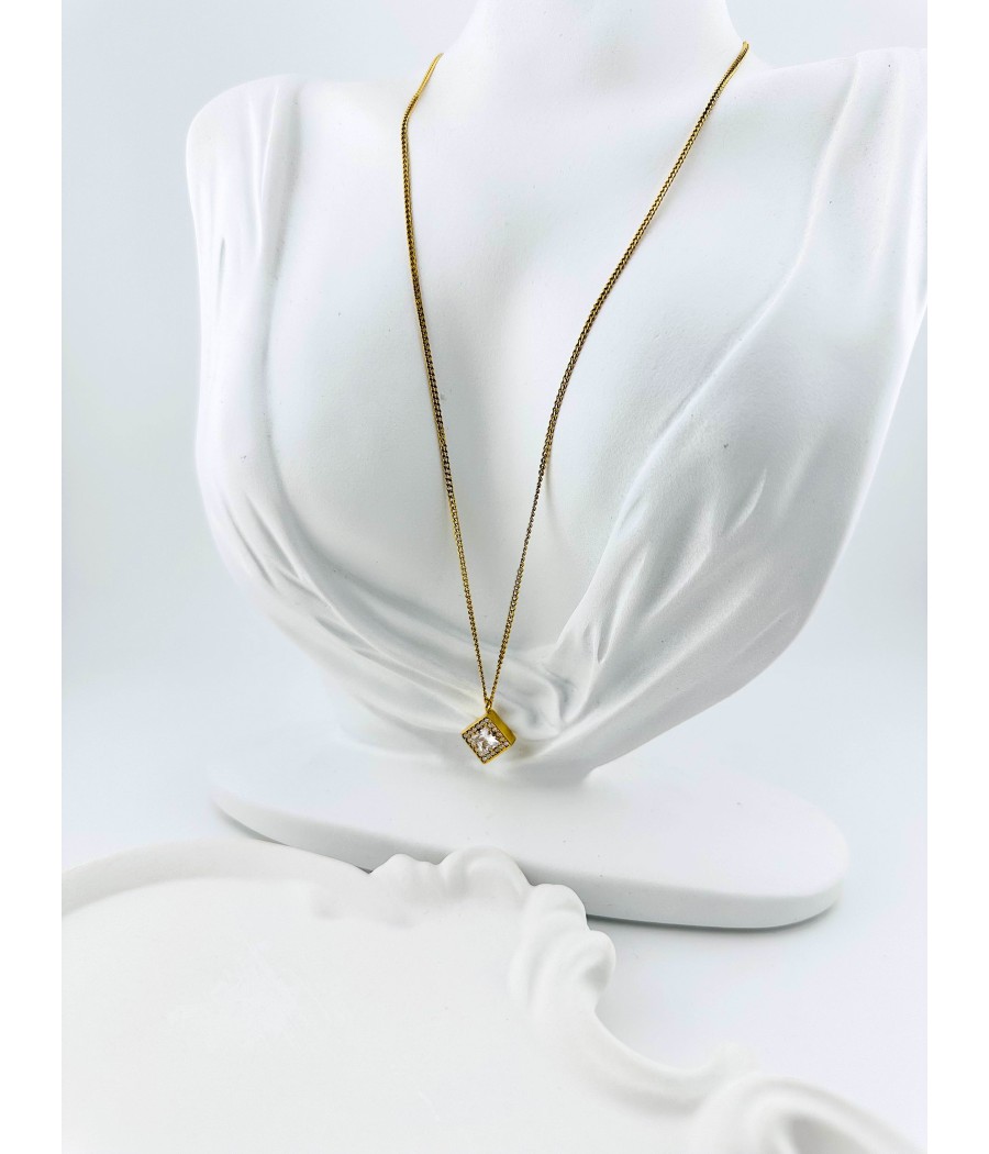 Κολιέ Ρομβος με Ζιρκόν – Μακρύ Ατσάλινο Κρεμαστό Χρυσό Και Ασημί
