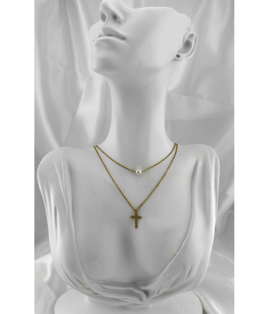 Ατσάλινος Σταυρός  με Διακοσμητική Πέρλα σε Χρυσό & Ασημί