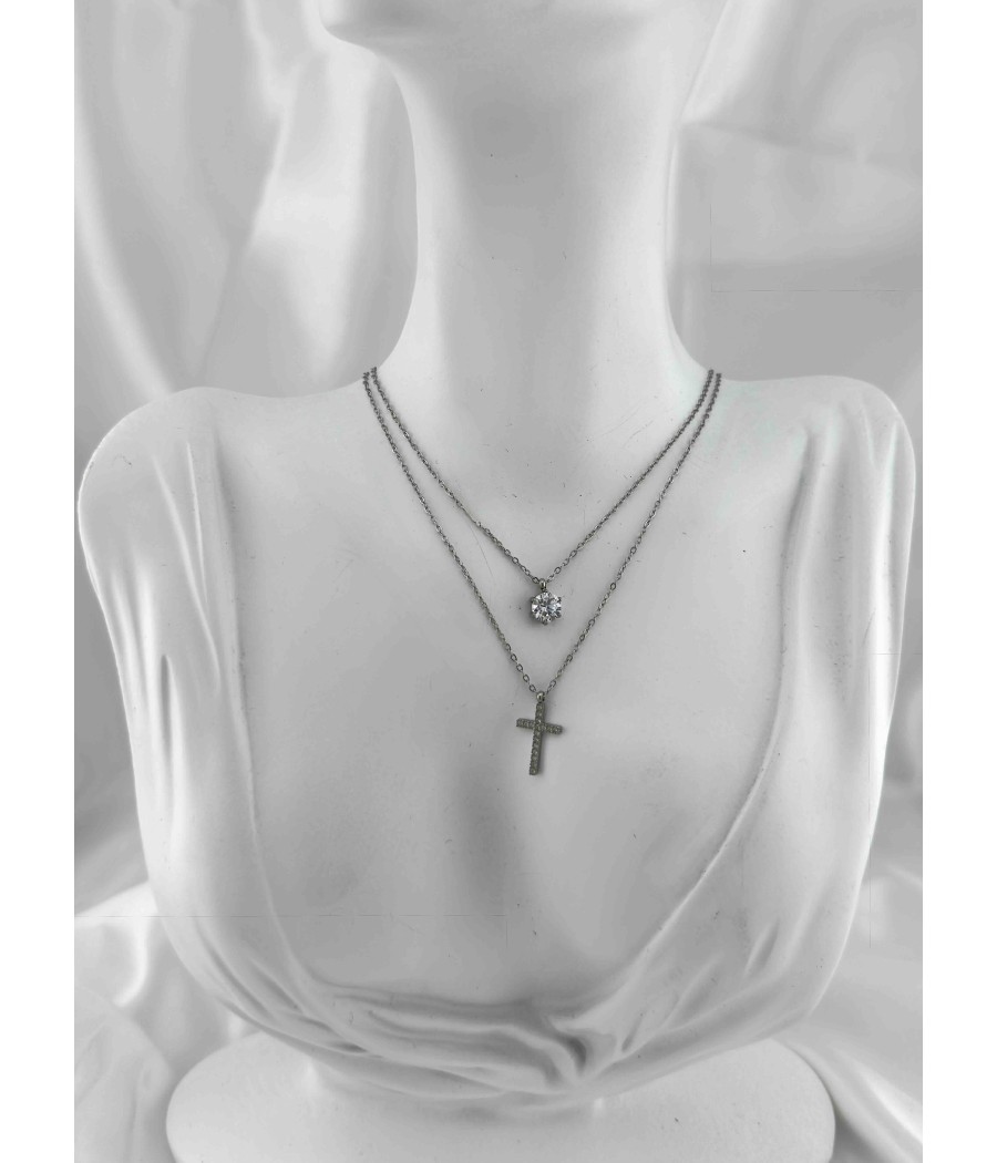 Σταυρός με διπλή αλυσίδα σε Ασημί με  Διακοσμητική πέτρα ζιργκόν